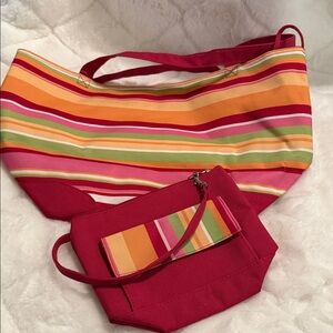 Striped Pink and Orange Canvas Tote and Wristlet Set
